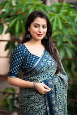 Thumbnail for Blue Cotton Blend Ajrak Saree with Unstitched Blouse - Hiral Fashion - Distacart