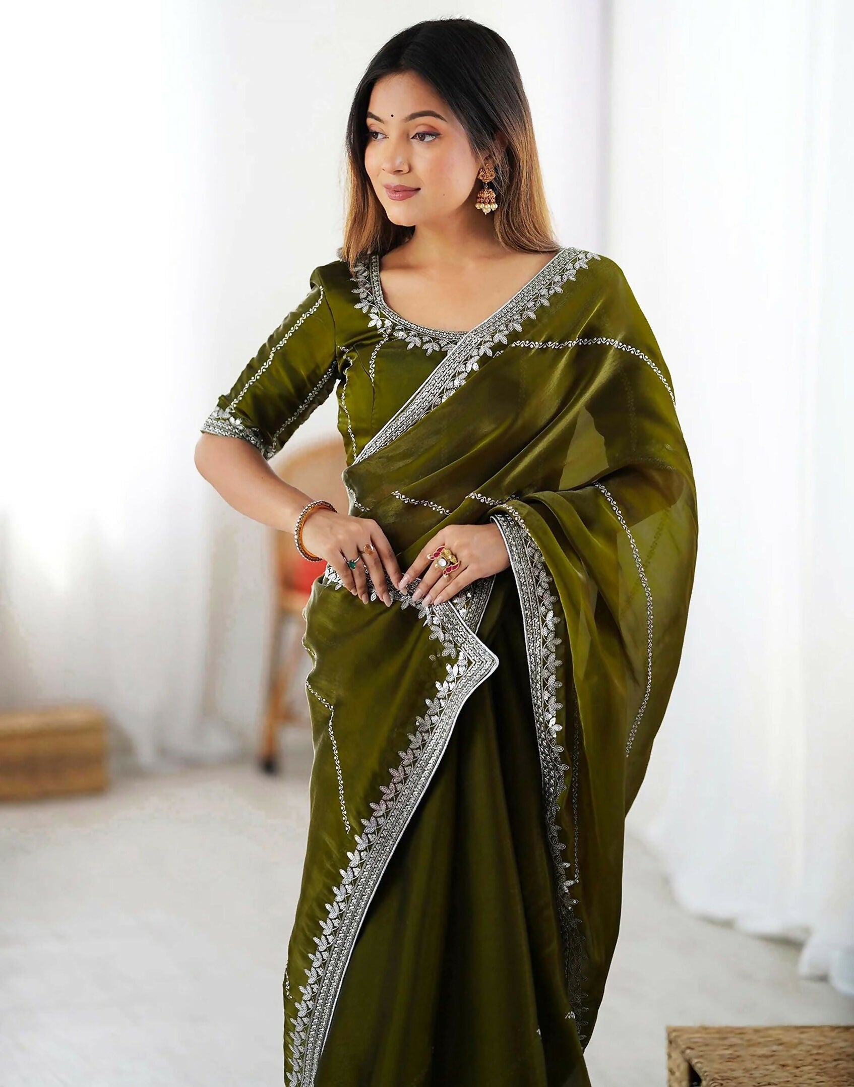 Joban Fashion Tissue Silk Olive Green Color Embroidery Saree