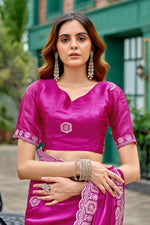 Thumbnail for Vastranavya Pink Embroidery Work Shimmer Chiffon Saree with Unstitched Blouse