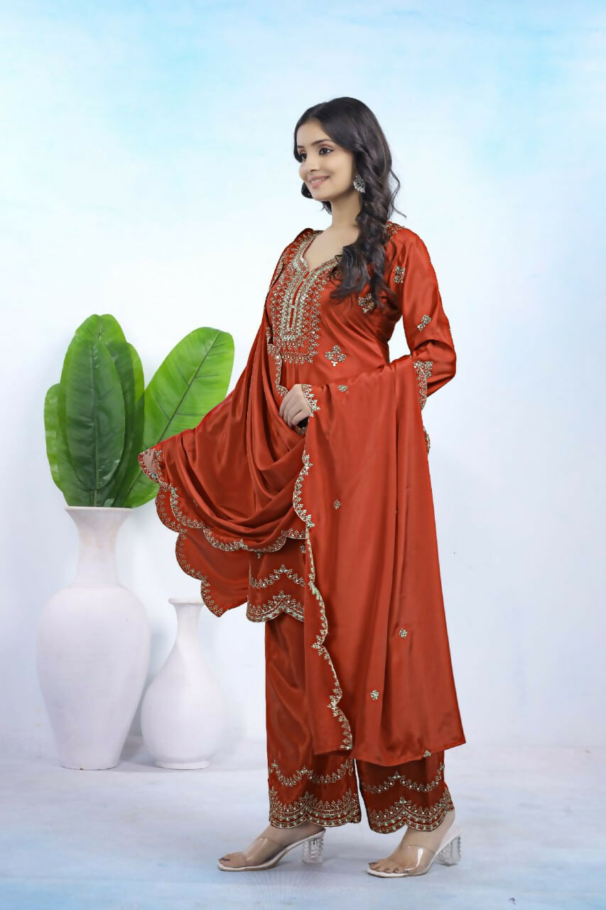 Teeya Creation Dark Orange Color Natural Crepe Silk Wedding Wear Trending Salwar Suit - Distacart