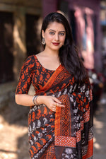 Thumbnail for Orange Linen Blend Ethnic Motifs Saree with Unstitched Blouse - A2M