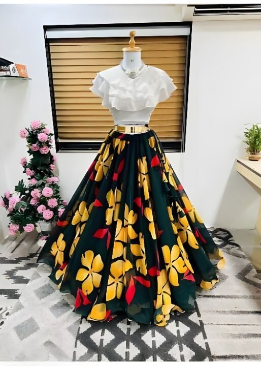 Dishitha Creation Floral Printed Stitched Lehenga & Crop Top - White & Black - Distacart