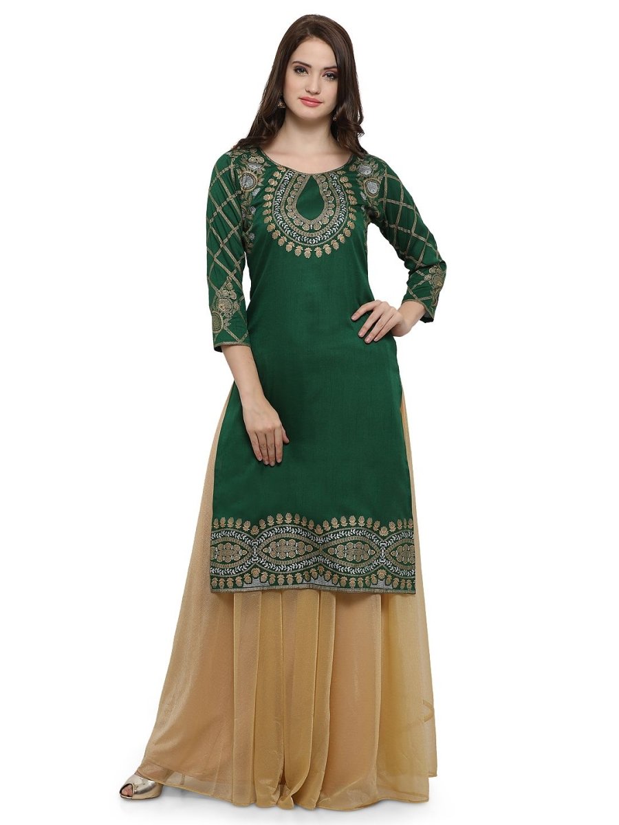 Ahalyaa Women's Green Poly Silk Gold Foil Print Kurta