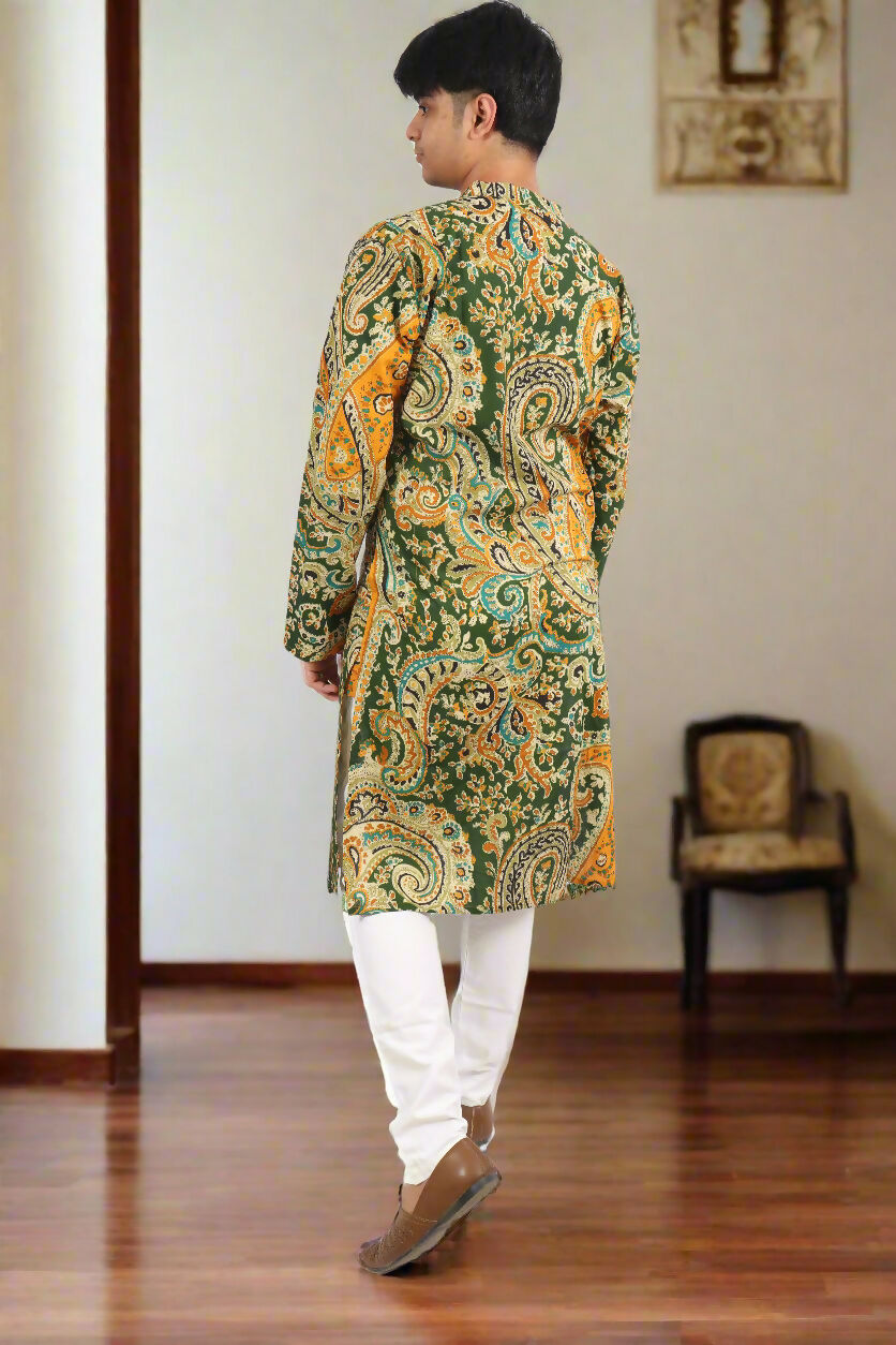 Souchii Men Green & Mustard Pure Cotton Paisley Printed Straight Kurta