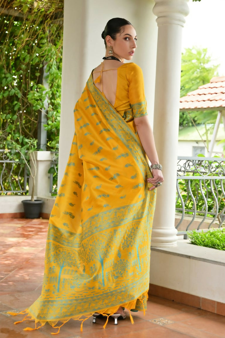 Vishnu Weaves Women's Yellow Handloom Raw Silk Thread Weaving Saree with Blouse