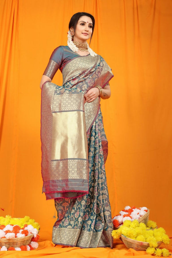 Jyoti Fashion Women's Grey Kanjivaram Silk Zari Woven Saree with Blouse - Distacart