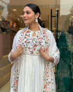 Thumbnail for The52 White Women's Gorgeous Embroidered Viscose Chiffon Fabric Pleated Kurta Pant with Dupatta Set - Distacart