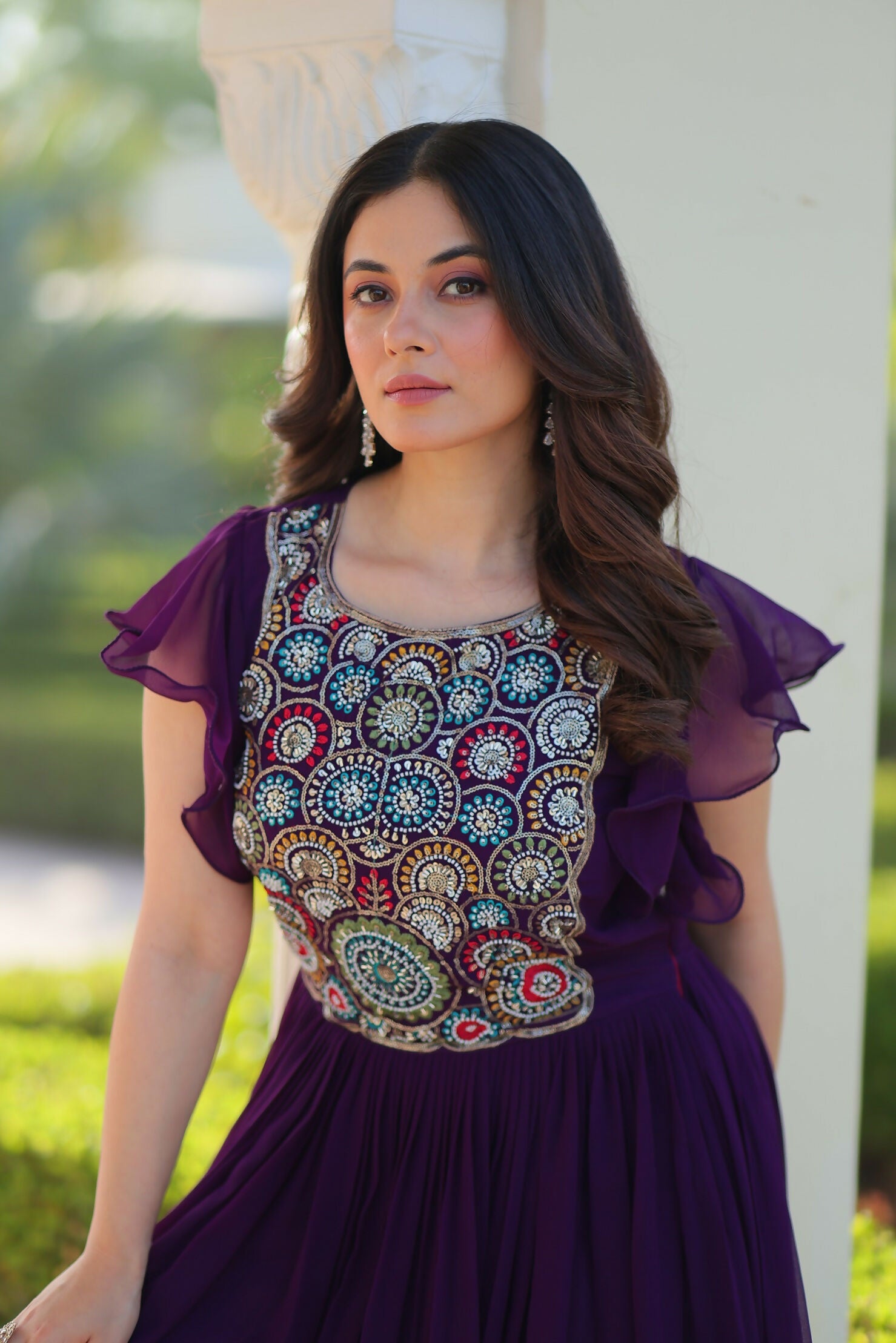 Joban Fashion Purple Georgette Sequence Embroidery Work Gown