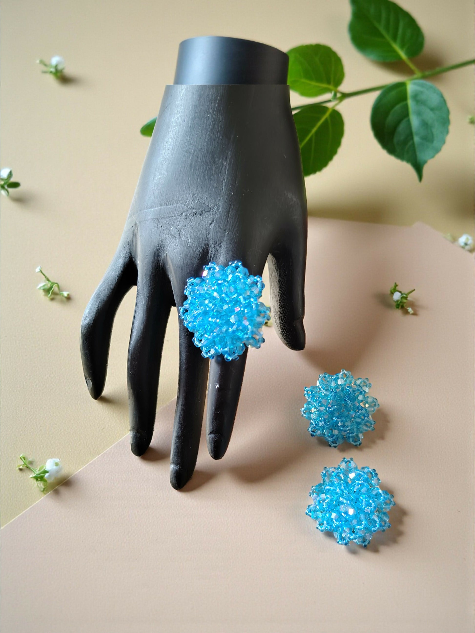 Inhanns Rangmani Crystal Duo – Adjustable Ring + Statement Earrings Set - Sky Blue - Distacart