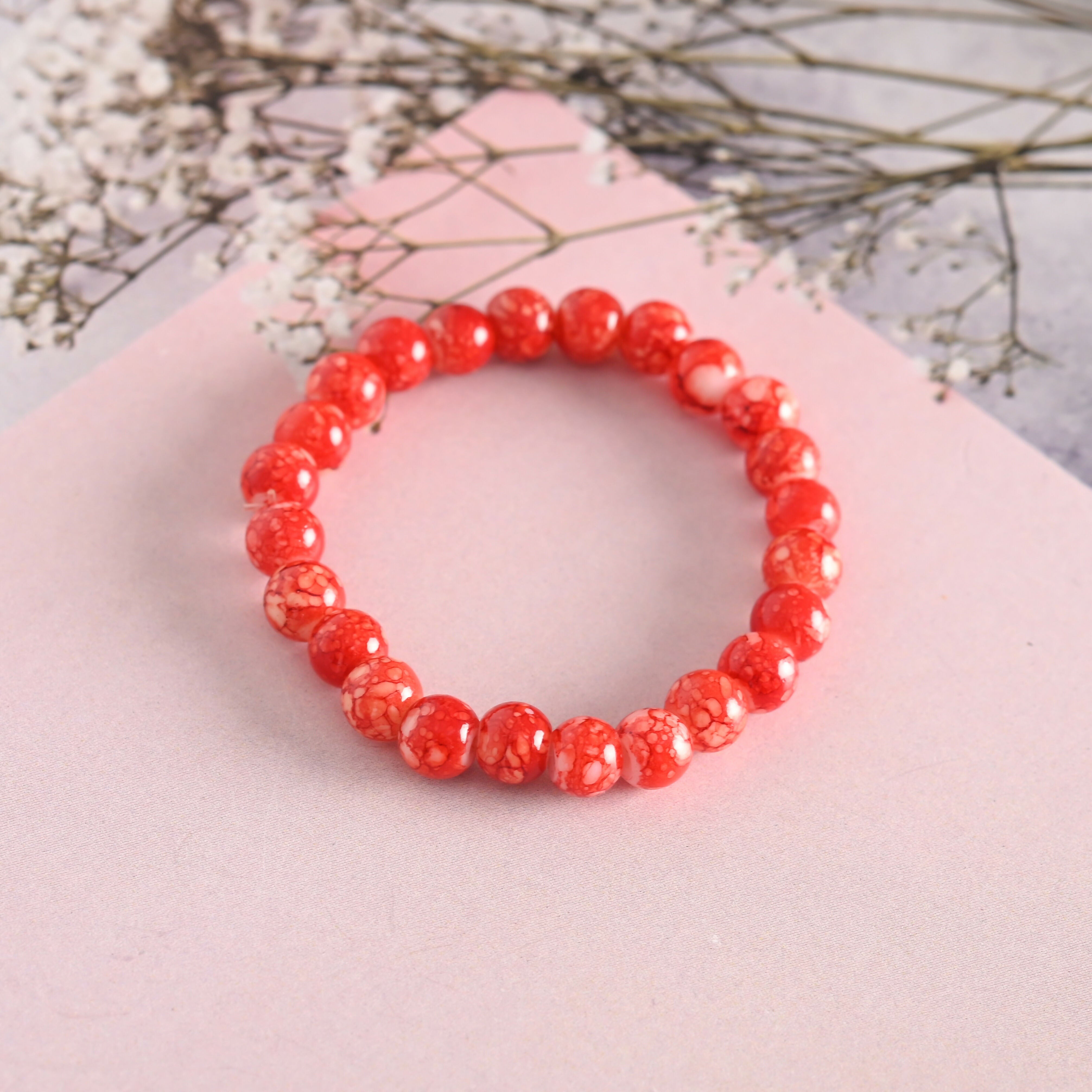 NVR Men & Women Red Marbel Crystal Elasticated Bracelet - Distacart