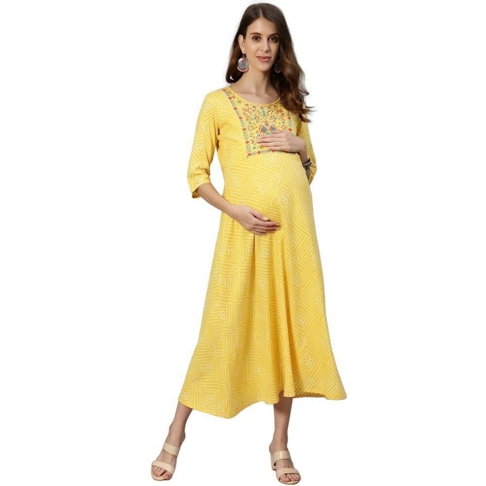 Anubhutee Women's Cotton Knee-Length Ethnic Motifs Maternity A-Line Midi Yellow Dress - Distacart
