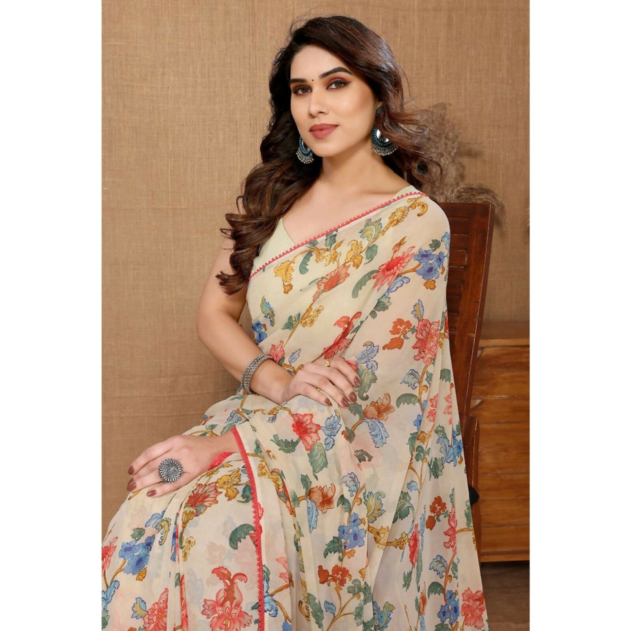 Malishka Georgette Printed Ready To Wear Saree With Blouse Piece - Beige - Distacart