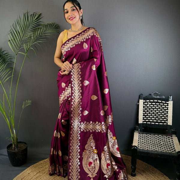 Joban Fashion Banarasi PlumWoven Soft Silk Saree - Distacart