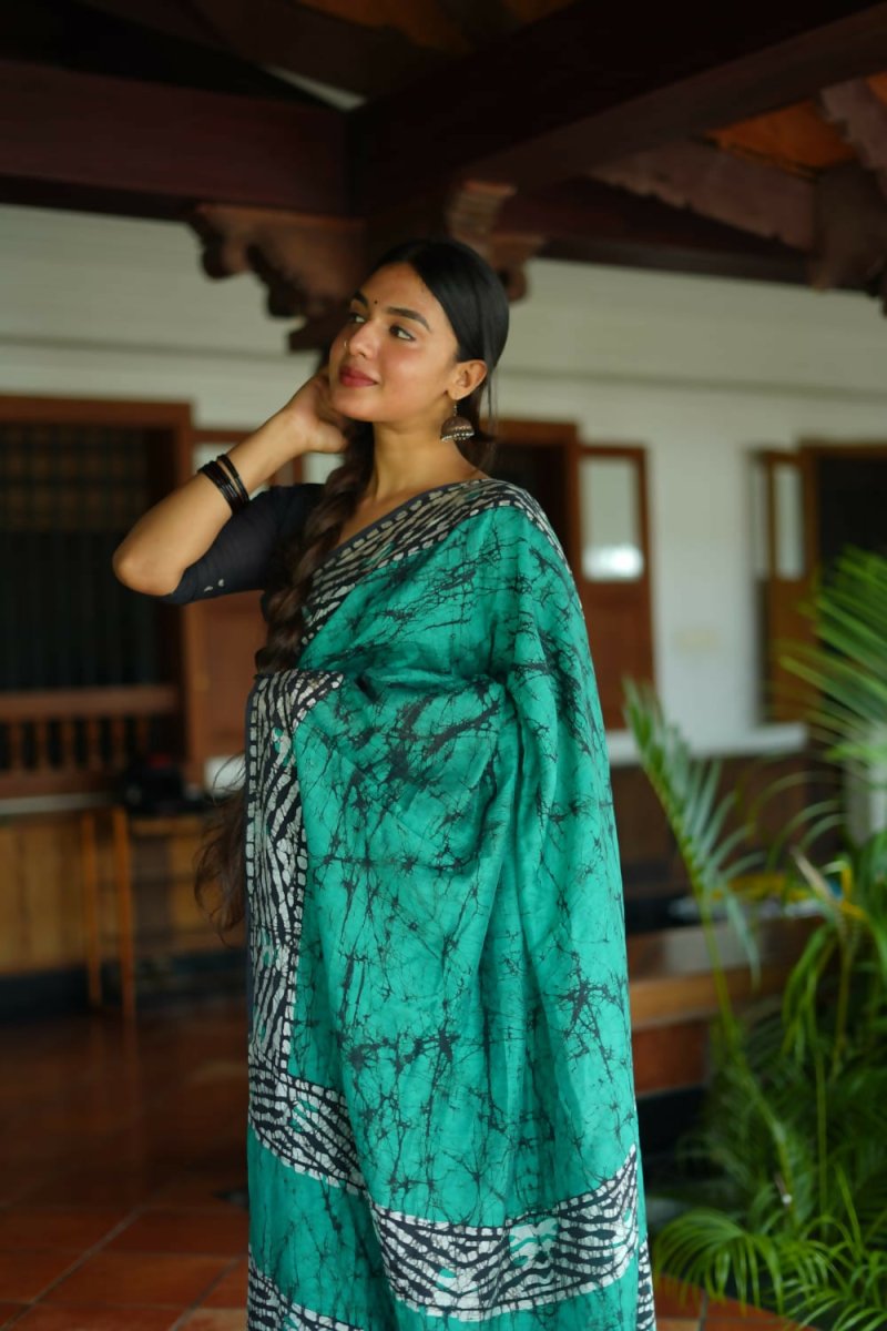 Arfa Fashion House Rama Pure Chanderi Cotton Batik Printed Saree - Distacart