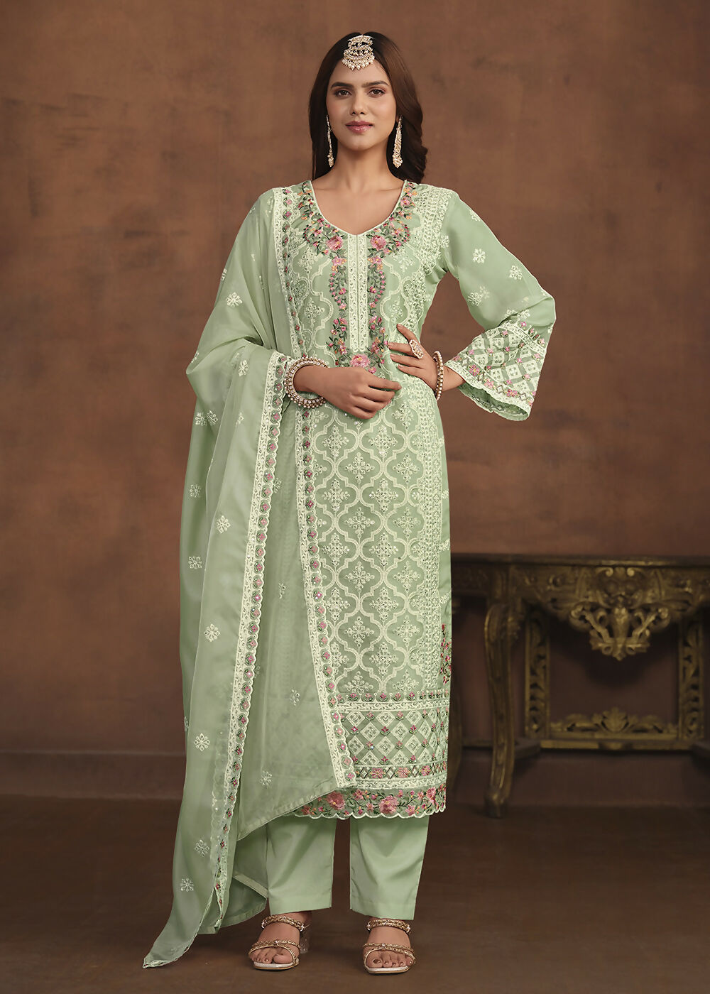 Mint Green Soft Organza Embroidered Festive Salwar Suit - Emponline - Distacart