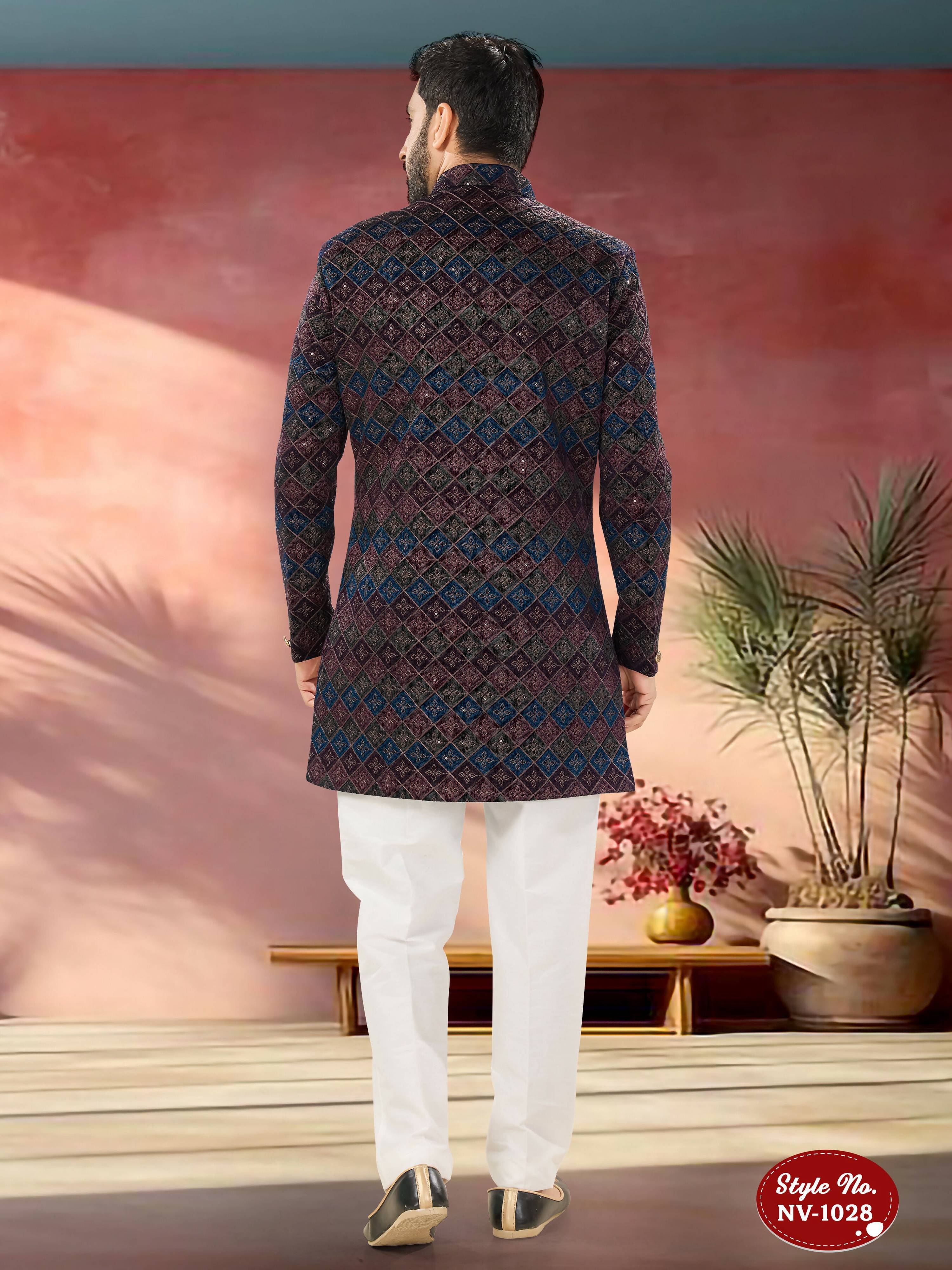 Joban Fashion Men's Blue Base ( Multi-Colour ) Straight Velvet Thread And Sequence Embroidary All Over Indo-Western Kurta Set - Distacart