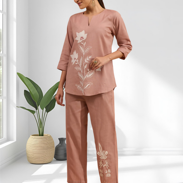 Joban Fashion Pink Cotton, Linen Embroidered Readymade Cord Set - Distacart