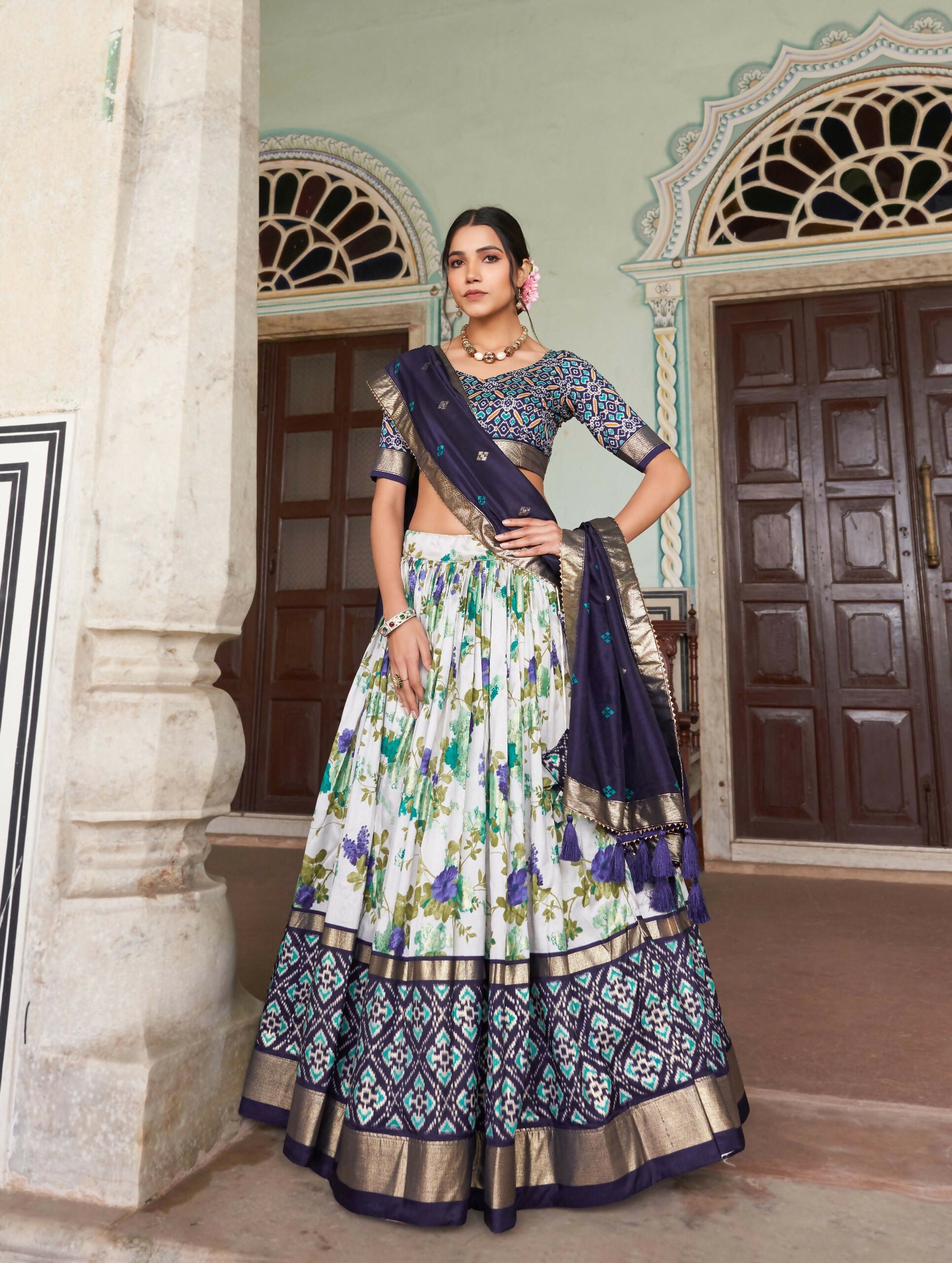 Vastranavya Exquisite Tussar Silk Lehenga Set With Perfect Floral And Patola Print Design Lehenga Choli - Navy Blue - Distacart