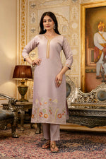 Thumbnail for The52 Lavender Women's Beautiful Viscose Shimmer Fabric Embroidered Work Straight Kurta Pant and Dupatta Set - Distacart