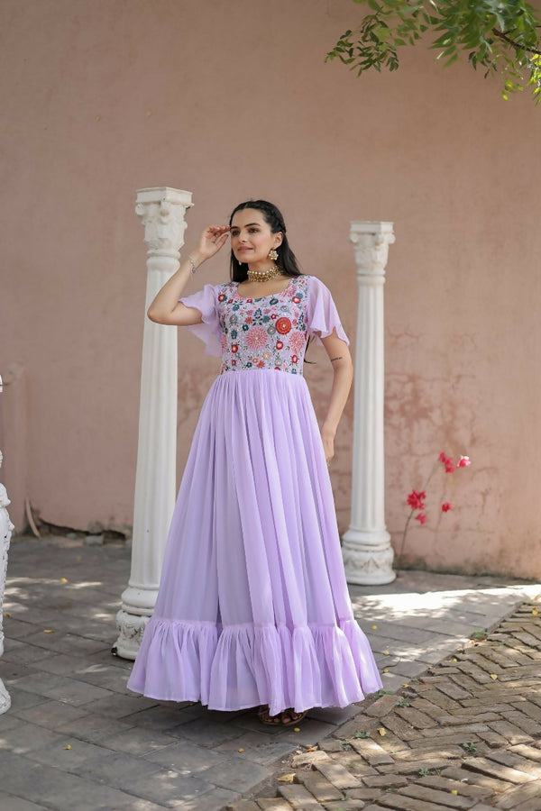 Jyoti Fashion Women's Purple Sequins Thread Embroidery Faux Georgette Anarkali Dress - Distacart