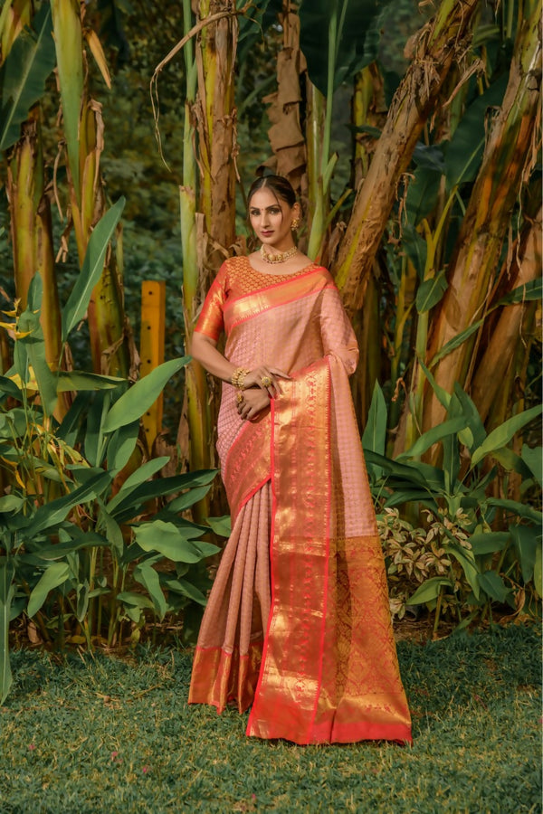 Jyoti Fashion Women's Peach Kanjivaram Silk Zari Woven Saree with Blouse - Distacart