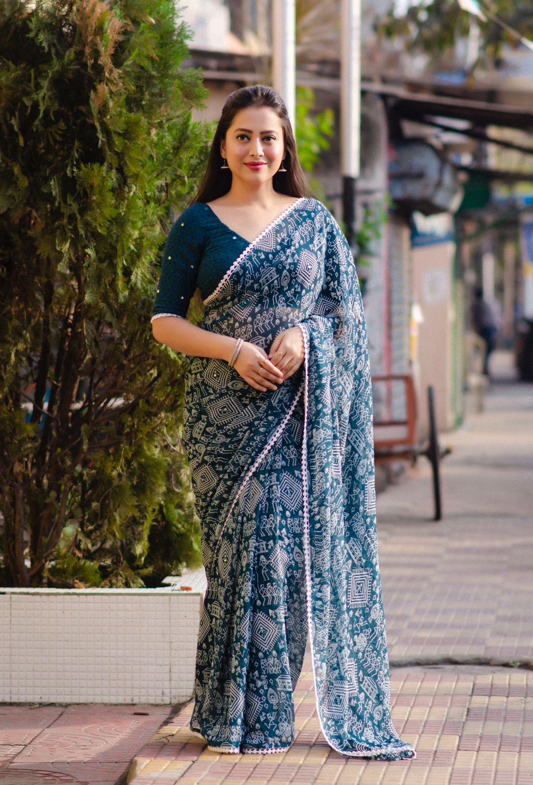 Rama Poly Georgette Ethnic Motifs Saree with Unstitched Blouse - A2M - Distacart