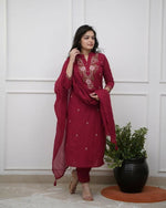 Thumbnail for The52 Women's Beautiful Rayon Slub Fabric Embroidery Work Straight Kurta Pant and Dupatta Set - Distacart