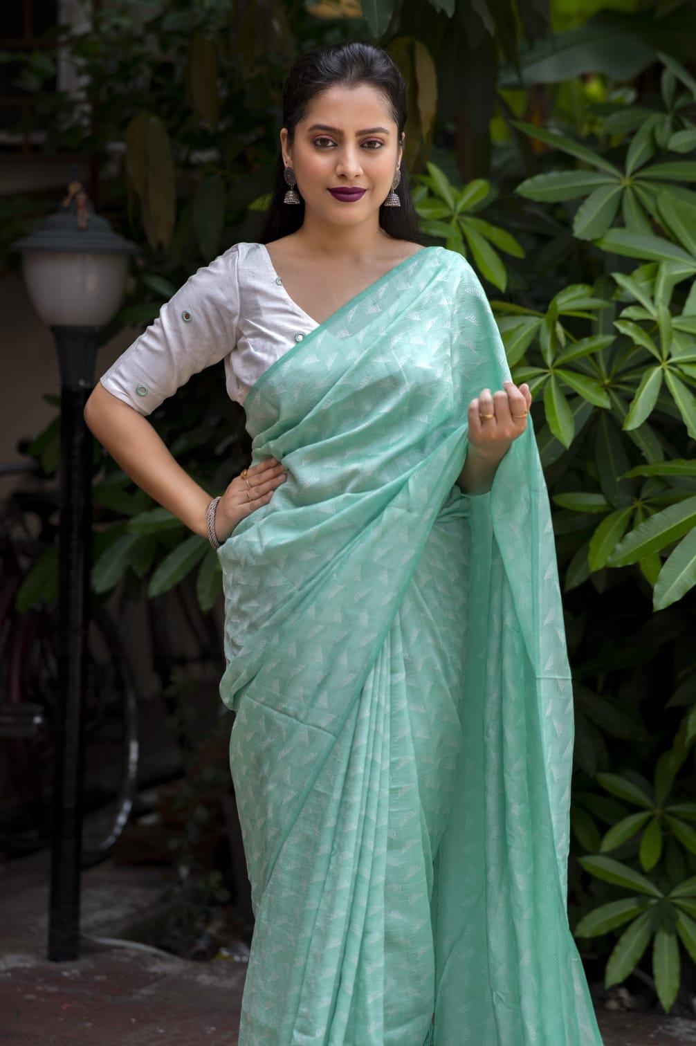 Green Poly Georgette Woven Design Saree with Unstitched Blouse - A2M - Distacart