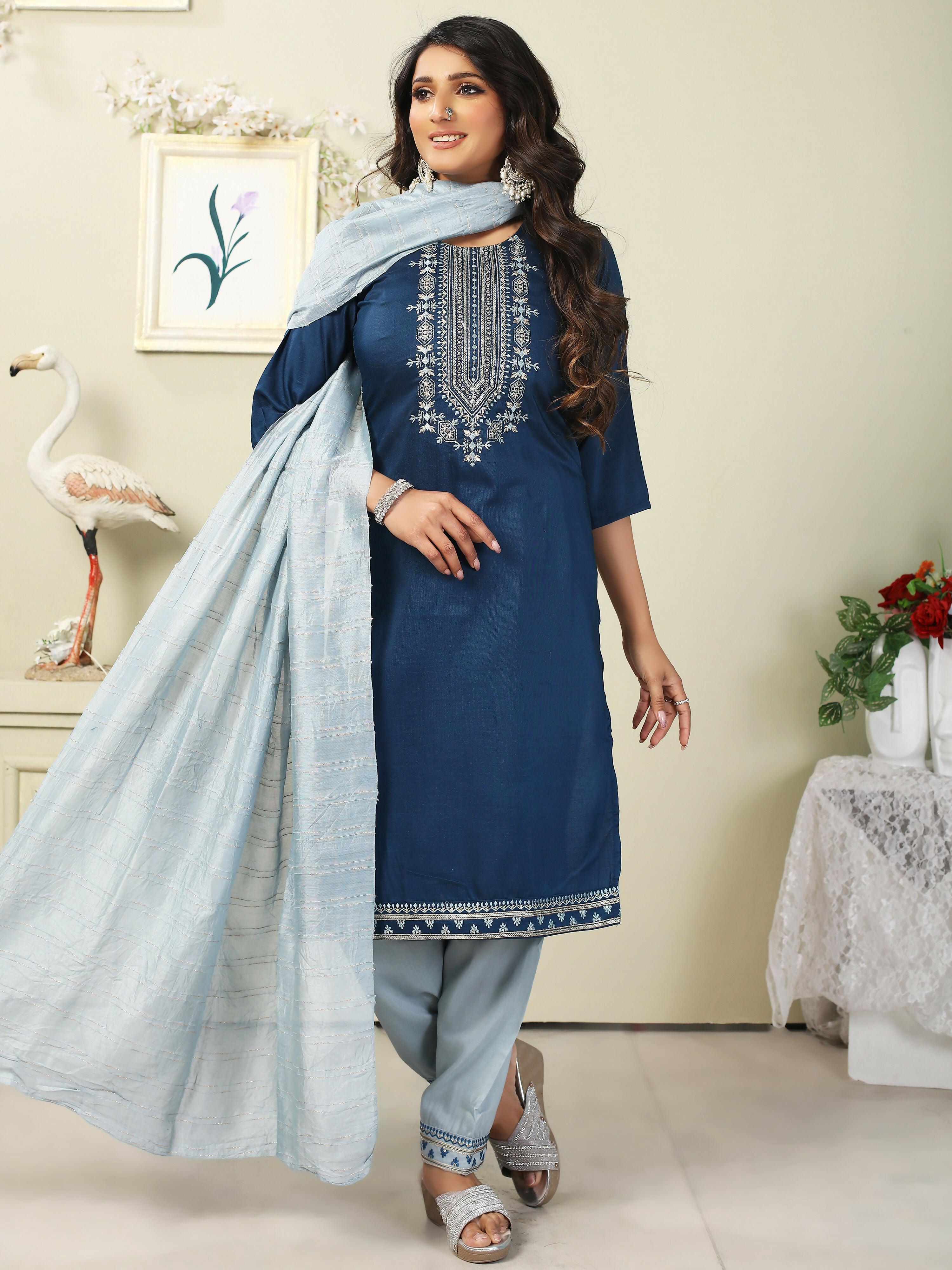 Vamika Chinon Embroidery Blue Party Wear/Casual Wear/Office Wear Kurta Set/Suit - Distacart
