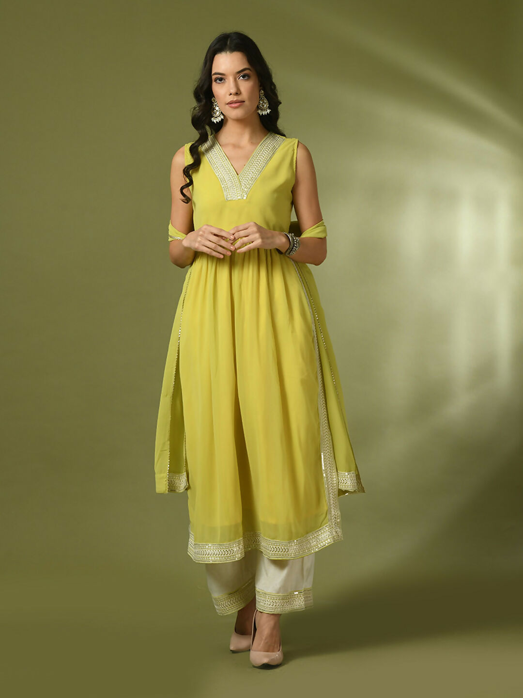 Myshka Women's Yellow Solid Georgette Anarkali Party Kurta Set With Dupatta - Distacart