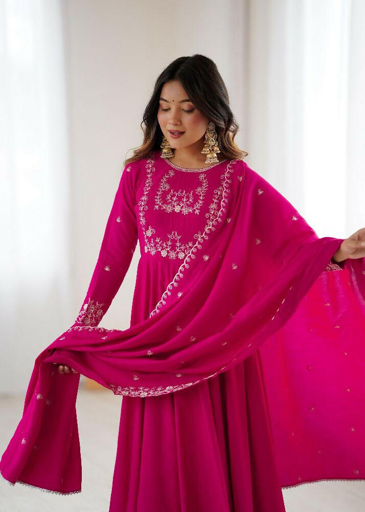 Joban Fashion Dark Pink Kurta Set Chanderi Sequence Embroidery Work