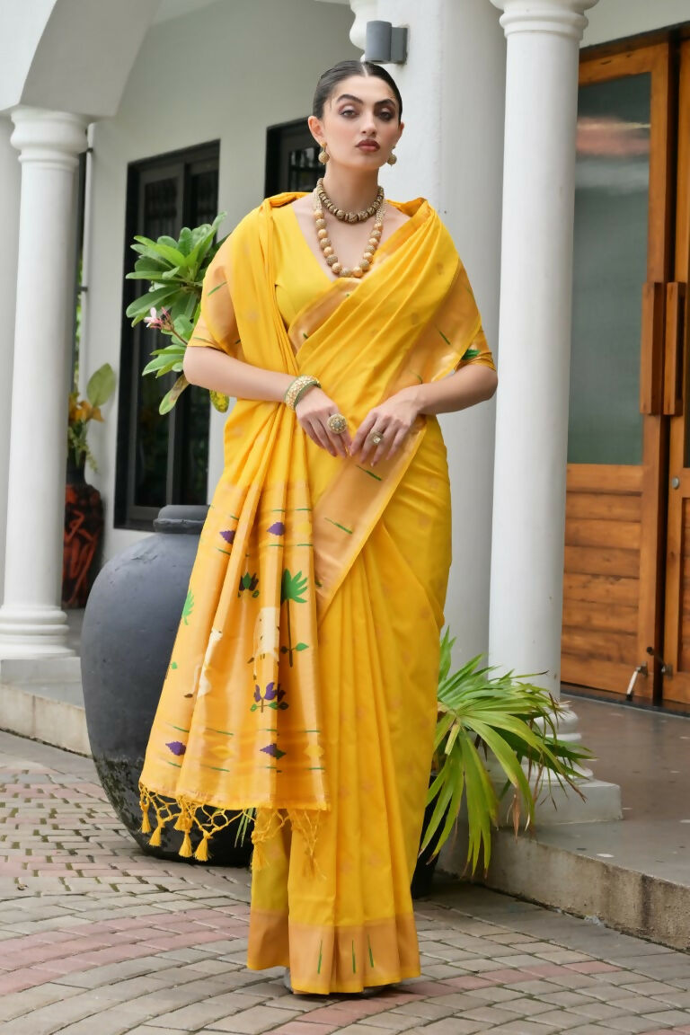 Vishnu Weaves Women's Yellow Paithani Silk Zari Woven Saree with Blouse