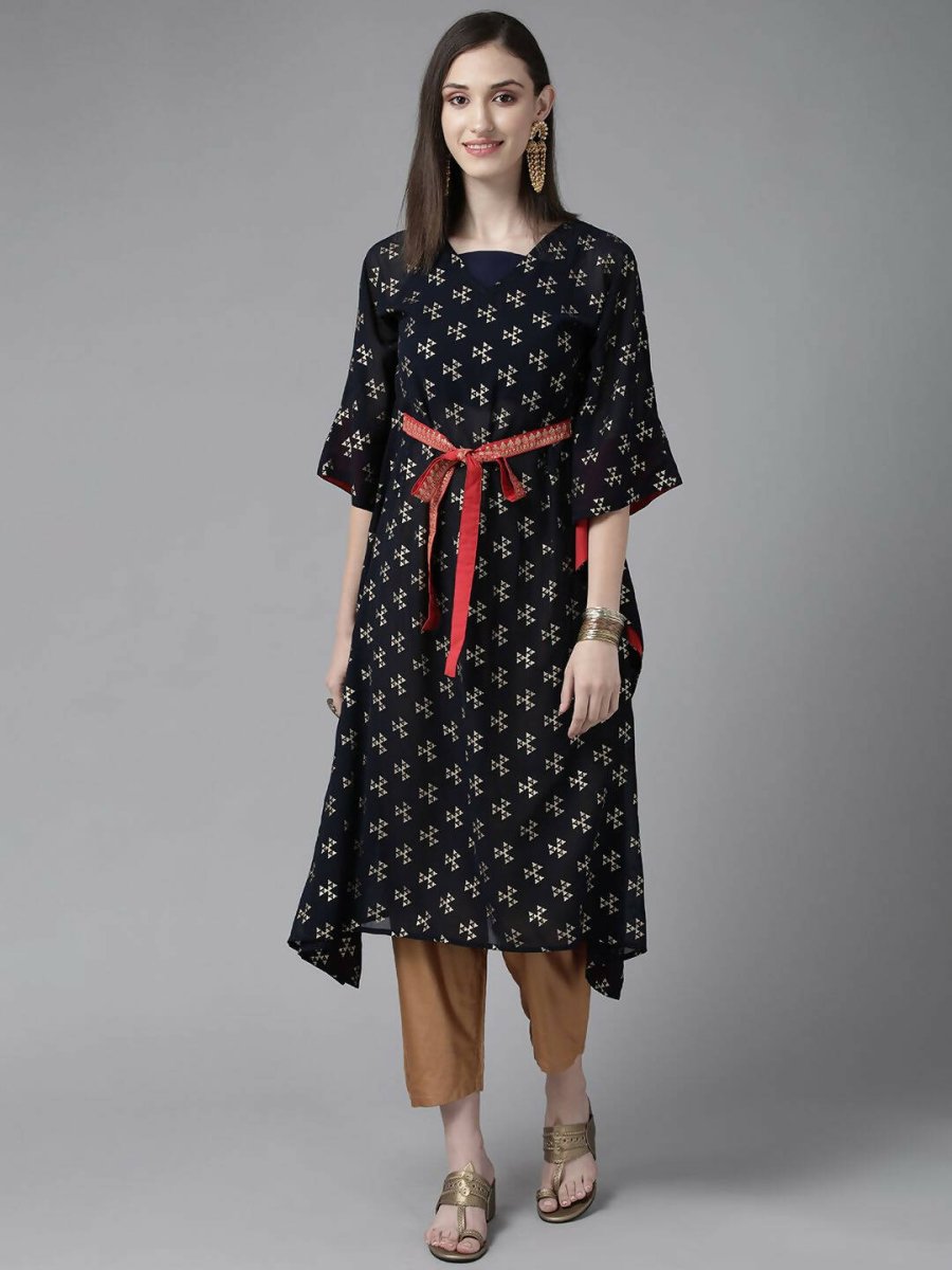 Ahalyaa Women Navy Blue Georgette Gold Printed Kaftan Kurta - Distacart