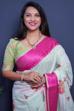 Thumbnail for Jyoti Fashion Women's Magenta Linen Silk Digital Print with Jacquard Woven Border Saree with Blouse - Distacart