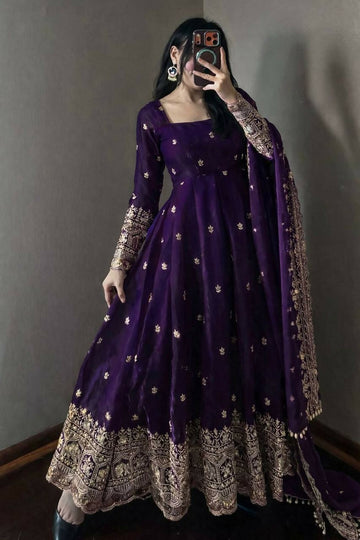 Teeya Creation Deep Purple Embroidered Anarkali Suit Set With Dupatta - Dista