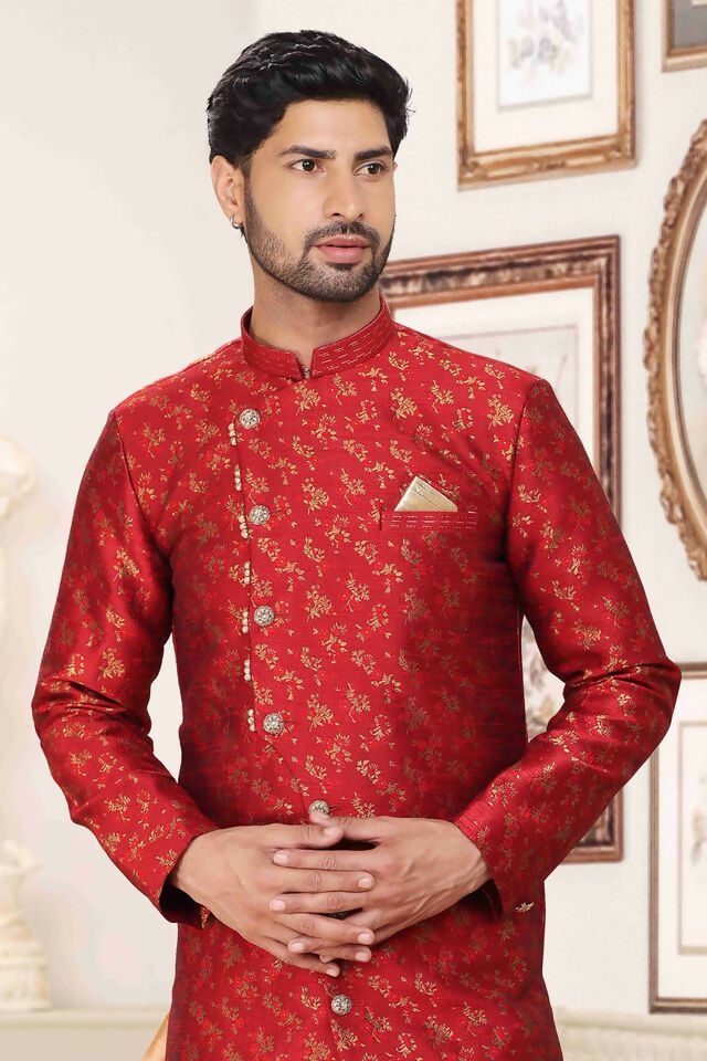 Raivat Ethnic Banarasi Jacquard Embroidery Semi Indo Western Sherwani In Maroon Colour
