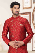 Thumbnail for Raivat Ethnic Banarasi Jacquard Embroidery Semi Indo Western Sherwani In Maroon Colour