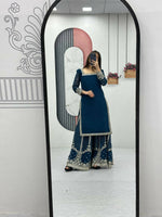 Thumbnail for Teeya Creation Womens New Heavy Fox Georgette Fabric With Heavy Embroidery Work Teal Kurta Set - Dista