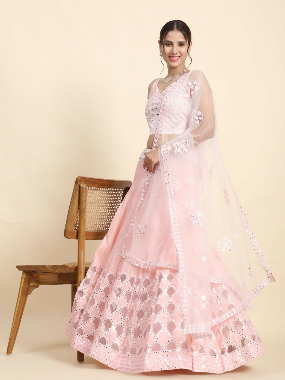Jyoti Fashion Dreamy Baby Pink Silk Thread with Paper Mirror & Cut work Lehenga Choli with Dupatta - Distacart