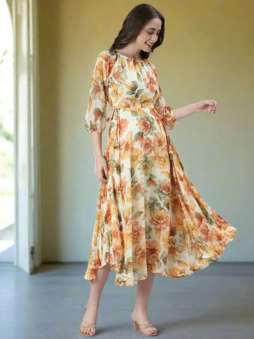 Souchii Cream Floral Chiffon Dress - Dista