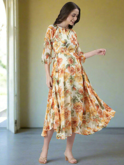 Souchii Cream Floral Chiffon Dress - Dista