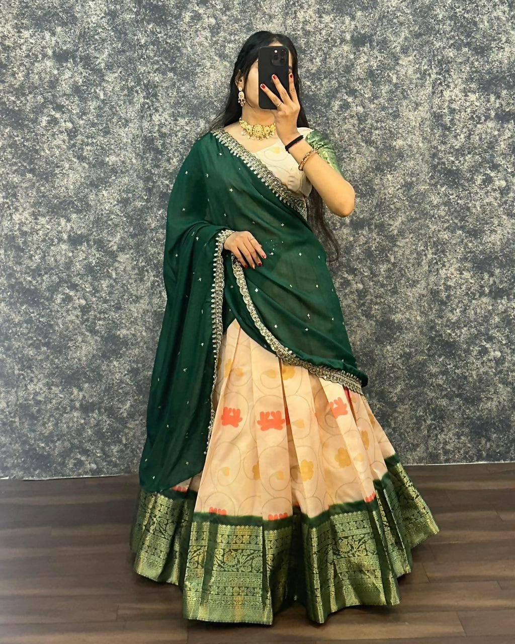 Teeya Creation Womens New Trendy Designer Green Floral Lehenga Choli Set with Contrast Border and Dupatta Set - Dista