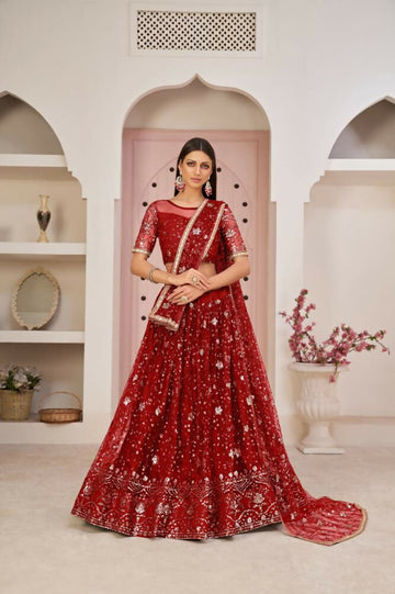 Aastha Fashion Red Butterfly Net All Over Thread Work, Zari Work And Sandwich Sequence Work Embroidery Wedding Wear Lehenga Choli - Distacart