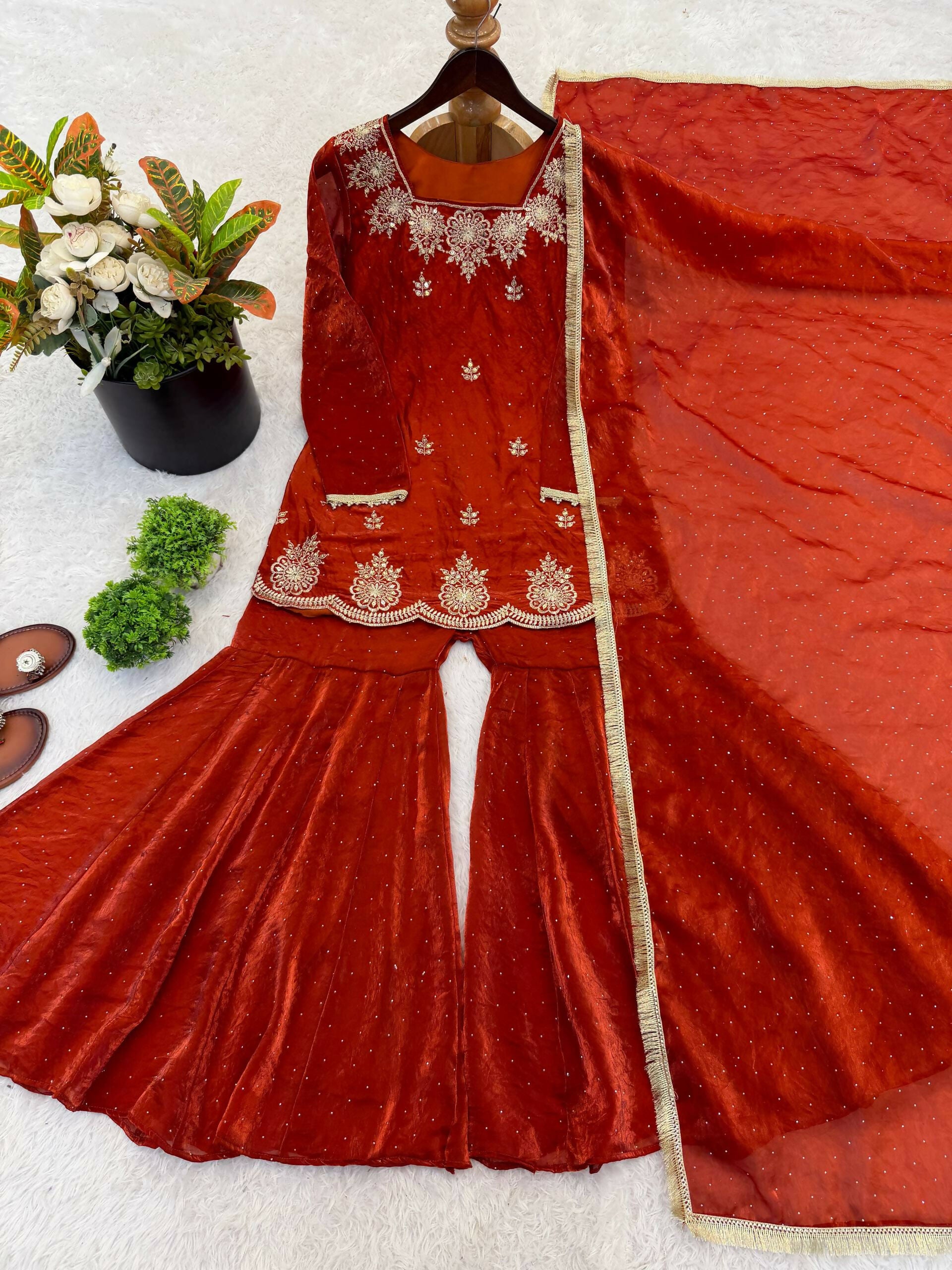 Teeya Creation Womens New Fancy Embroidery Sequence Work With Zarkan Diamond Work Kurta Set - Dista
