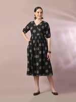 Thumbnail for Myshka Women's Black Printed Cotton V-Neck Empire Party Dress - Distacart