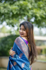 Thumbnail for Vishnu Weaves Women's Blue Banarasi Silk Saree with Blouse - Distacart