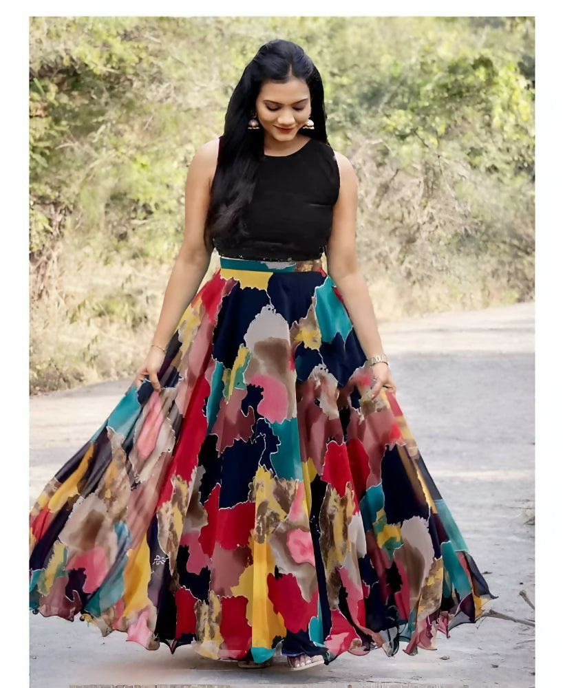 Dishitha Creation Printed Stitched Lehenga & Crop Top - Black & Black - Distacart