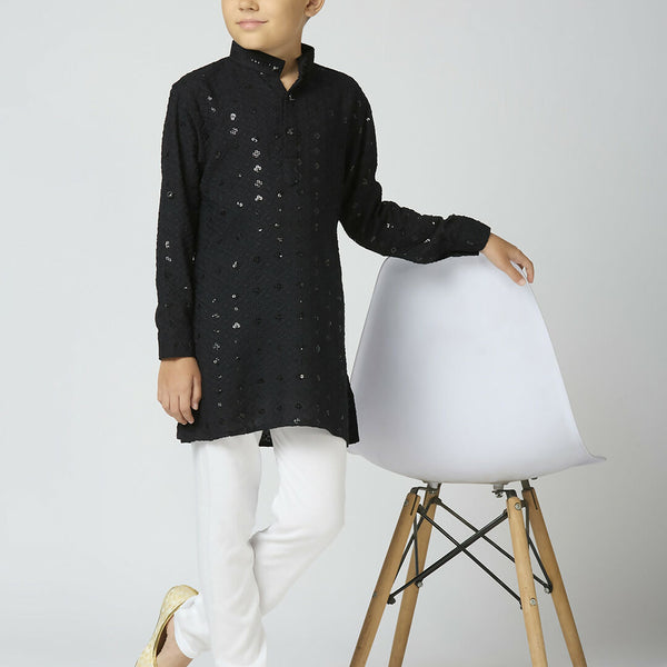 Joban Fashion Kids Island Full Sleeves Cotton Kurta and Pyjama Set with Sequin work - Black - Distacart