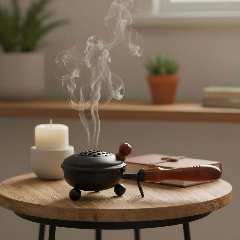 Not Available Handcrafted Metal Dhoop Dani Incense Burner - Black Color - Dista