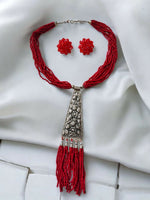 Thumbnail for Inhanns Day-To-Dinner Tie Shaped Oxidized Black Metal Multi-Layered Long Necklace Set - Red - Distacart